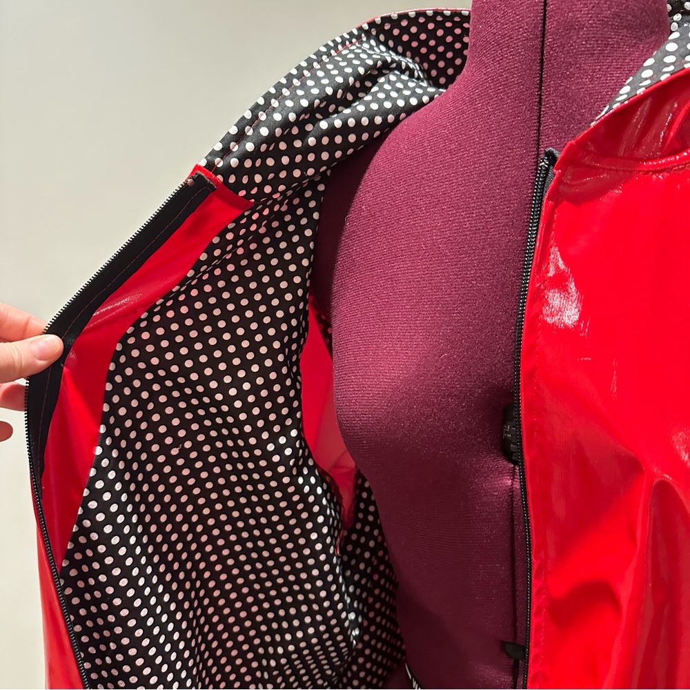 Vibrant Red Hooded Raincoat with Polka Dot Lining woman’s medium - Picture 5 of 10